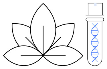 DNA strand inside a test tube alongside a five-petaled lotus design. Ideal for biotechnology, genetics, nature, sustainability, research, scientific balance, innovation. Simple flat metaphor