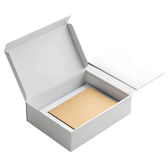 A white cardboard box with an open lid and a brown envelope inside isolated on transparent background