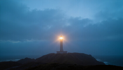 Misty lighthouse glowing in eerie dusk, coastal resilience