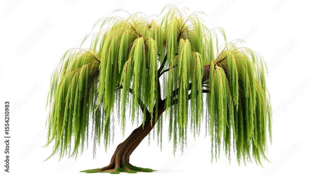 Poster a captivating willow tree with its graceful weeping branches. it stands with a rich brown trunk, and