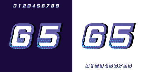 Racing number 65 in purple on a white and black background