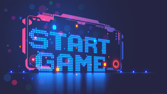 Start game. Banner or poster for club of video game with title start game. computer video game interface border in cyberspace with neon pixels letters. Concept banner or cover for retro gaming blog.