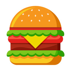 Colorful cartoon burger illustration with sesame seed bun lettuce tomato cheese and patty isolated on white background perfect for fast food and restaurant designs and