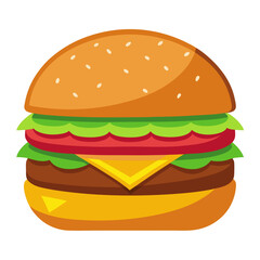 Delicious Cartoon Burger with Fresh Ingredients Including a Sesame Seed Bun Lettuce Tomato Cheese and a Juicy Patty Isolated on a White Background for Easy