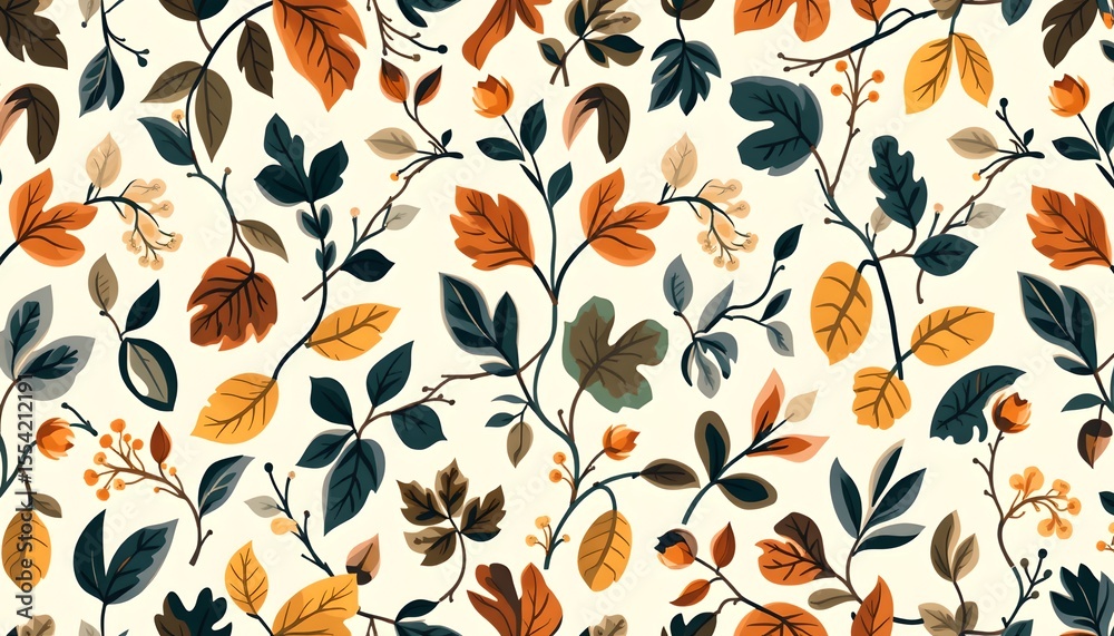 Poster An array of colorful leaves in a pattern of artistic nature and texture background, evoke the beauty of the season with warm autumnal hues