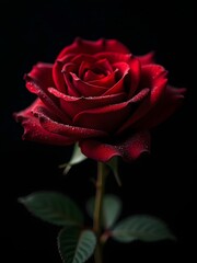 Stunning macro photograph of a vivid red rose with water droplets on a black background