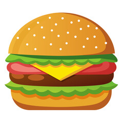 Delicious Cartoon Hamburger with Sesame Seed Bun Beef Patty Cheese Tomato and Lettuce a colorful and appetizing illustration perfect for food related designs and advertising