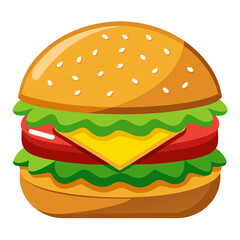 Cartoon Style Hamburger Illustration with Sesame Seed Bun Lettuce Tomato and Cheese Perfect for Fast Food Menus Restaurant Promotions and Children s Books about Healthy