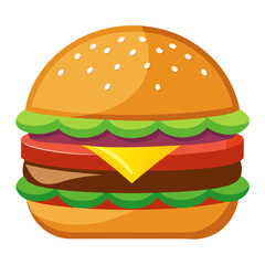 Delicious Burger Cartoon Illustration with Fresh Ingredients Including Lettuce Tomato Cheese and a Juicy Patty Perfect for Fast Food Menus and Culinary Designs on a