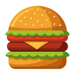 Delicious Cartoon Hamburger with Lettuce Tomato Cheese and a Sesame Seed Bun Perfect for Food Illustrations and Fast Food Related Designs on a White Background