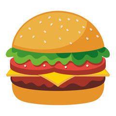 Delicious Cartoon Burger with Fresh Ingredients Including Lettuce Tomato Cheese and a Juicy Patty Perfect for Fast Food Restaurant Menus and Childrens Illustrations