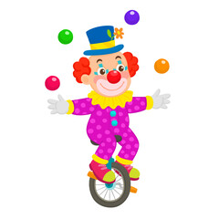 Clown juggling ball while riding unicycle one wheeled. © Arammart