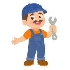 A handyman, mechanic, cartoon mascot man holding a wrench or spanner tool.