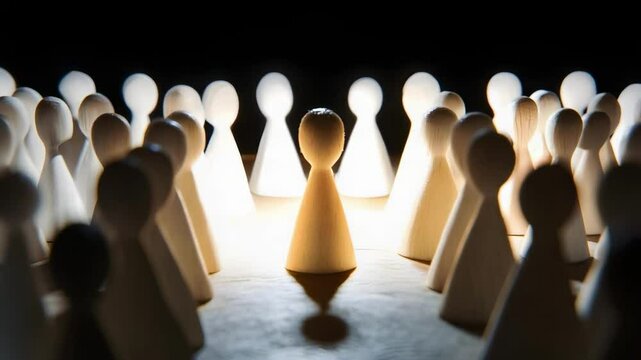 A single light-colored pawn stands among darker pawns, creating a focal point in a circular arrangement.