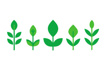 Five stylized green plants of varying sizes and leaf shapes on a black background