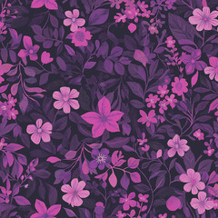 On a dark purple background, pink - purple flowers and branches/leaves interweave, forming a romantic and elegant floral pattern.