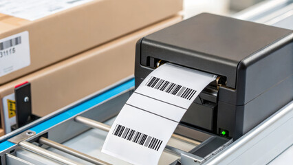 Delivery courier logistics ecommerce shipping. Barcode label printer shipping logistics delivery warehouse ecommerce