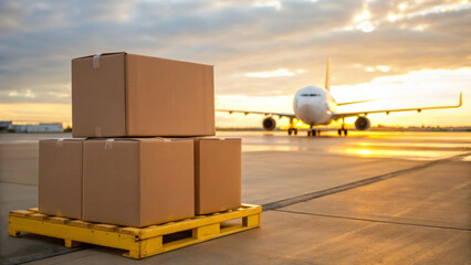Delivery courier logistics ecommerce shipping. Cardboard box pallet airport airplane shipping logistics cargo delivery