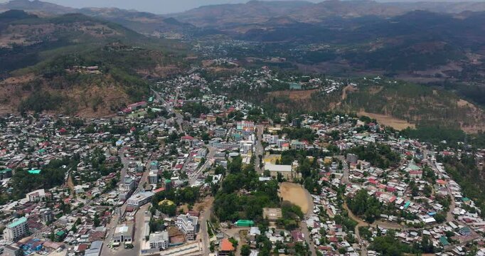 Modern And Traditional Buildings In Hilly City Of Gondar In Ethiopia. aerial shot