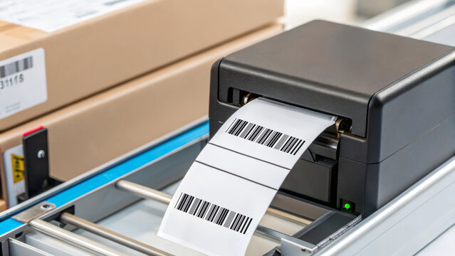 Delivery courier logistics ecommerce shipping. Barcode label printer shipping logistics delivery warehouse ecommerce