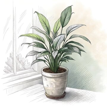 plant in a vase, Hand-drawn sketch of a Peace Plant. Soft cinematic haze, rough lines, textured pencil strokes, white background, soft focus. 4000k resolution, hazy background]