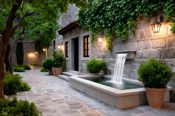 Naklejka premium Charming stone house with fountain, plants and lights in a peaceful courtyard
