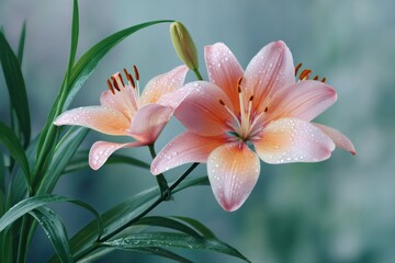 Fototapeta premium Two pink lilies blooming, showing their vibrant color and delicate petals with water drops