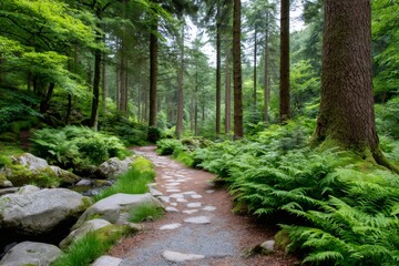 Naklejka premium Stone path winding through lush green forest with ferns and stream