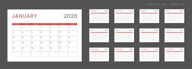 2026 Calendar Planner Set of Template Monthly Page and cover with Place for Photo, Company Logo. Vector layout of a wall or desk calendar with week start Monday for print. Page for size A4 -21x29.7cm