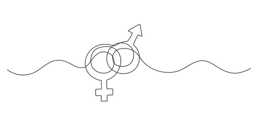 One line drawing, Gender symbol, man and woman icon continuous illustration, outline isolated sketch, concept of balance