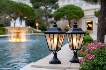 Obraz premium Two glowing garden lanterns illuminating a luxury resort at sunset with fountain in background