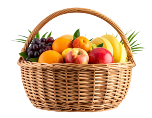 fruit in a rattan basket isolated on transparent and white background