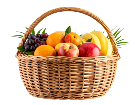 fruit in a rattan basket isolated on transparent and white background