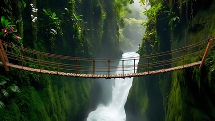 Jungle Bridge Over Waterfall