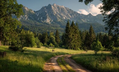 Mountain vista, sunlit dirt road through a lush forest