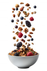 Healthy Mixed Nuts and Dried Berry Fruits Falling into a Bowl on Transparent Background