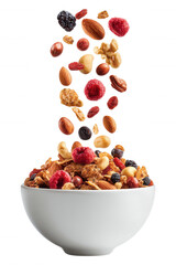 Healthy Mixed Nuts and Dried Berry Fruits Falling into a Bowl on Transparent Background