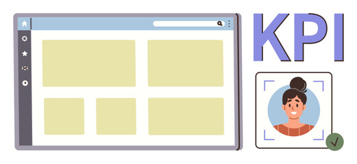 Digital dashboard interface with analytics and KPI text, profile recognition, user authentication, and tick mark. Ideal for performance tracking, data analysis, HR, efficiency, productivity modern