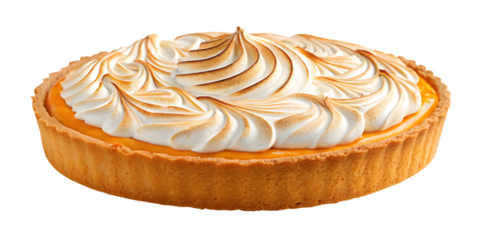 Delicious lemon meringue pie with toasted meringue swirls isolated on transparent background