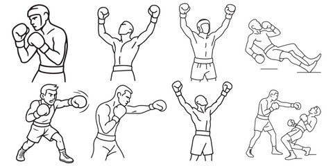 Boxing Vector Illustration – Fighter Punching, Knockout, Victory Pose, Sports Clipart Line Art