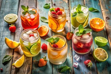 A table with a variety of fruit and drinks, including orange juice