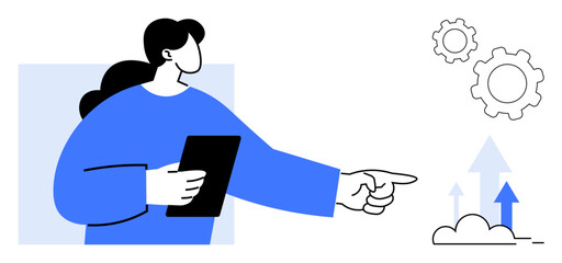 Person holding a tablet, pointing towards growth metaphor with gears and upward arrows. Ideal for innovation, teamwork, leadership, progress, creativity, planning, simple landing page