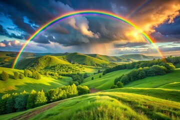 Obraz premium A rainbow is seen in the sky above a lush green field