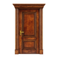 A symmetrical brown wooden door with a golden handle against white background