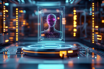 Fototapeta premium Digital AI hologram head in futuristic server room – cybernetic intelligence, neural network, sci-fi concept art