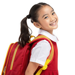 Happy smiling young asian school girl wearing a red uniform and backpack isolated on transparent background