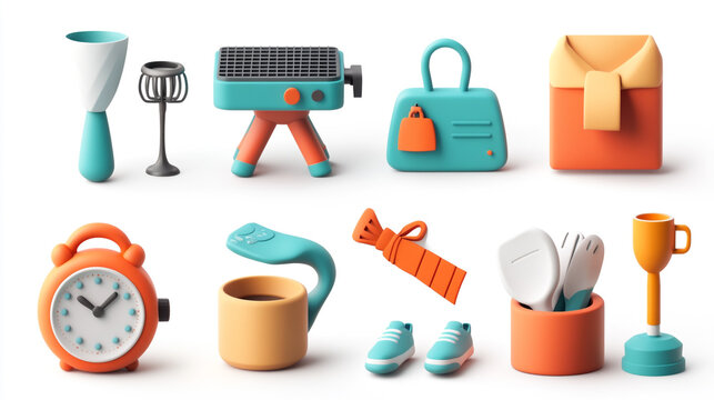 3D icon set for Father's Day including a tie, wristwatch, grill, trophy, tool set, greeting card, coffee mug, and sneakers - Powered by Adobe