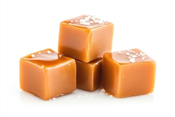 Three caramel cubes stacked and melted caramel chocolate dessert ketchup.
