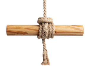 Floating Wooden Pole with Rope Knot Tied Around, Isolated PNG Object