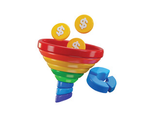 Funnel and dollar coin with pie chart icon 3d render concept of Marketing and Data Filtering Visuals for business vector illustration